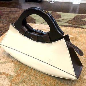 Cream colored  Italian leather handbag with wooden handle, Daniela Moda
